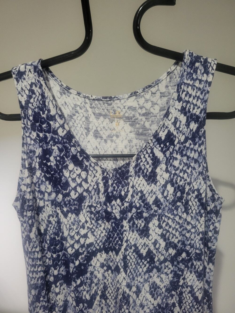 Belle Kim Gravel Med Blue & White Geo Slub Knit Tank Dress EUC